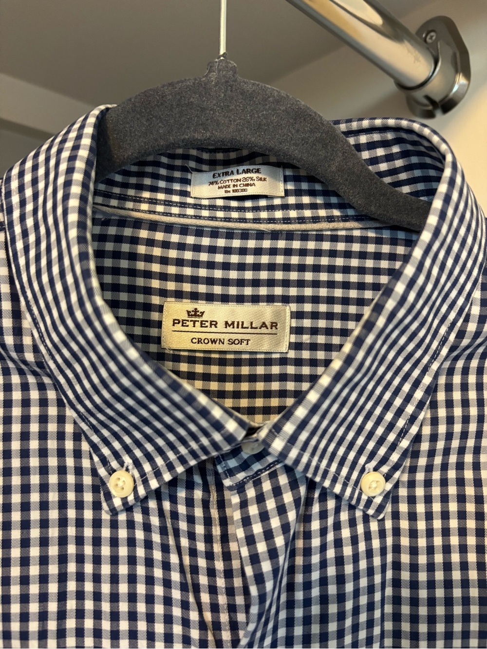 Peter Millar Navy and White Gingham Button-Down Shirt